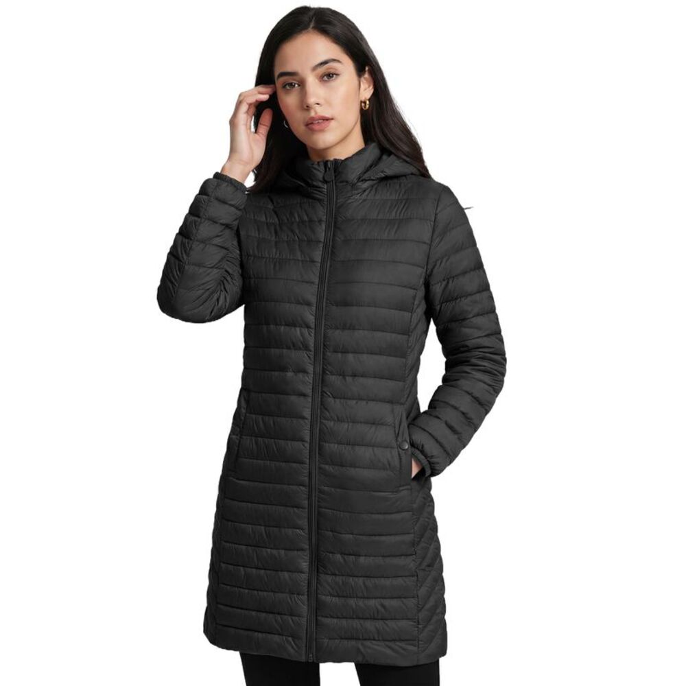 Women's Quilted Puffer Coat with Detachable Hood Slim Fit Winter Jacket Black